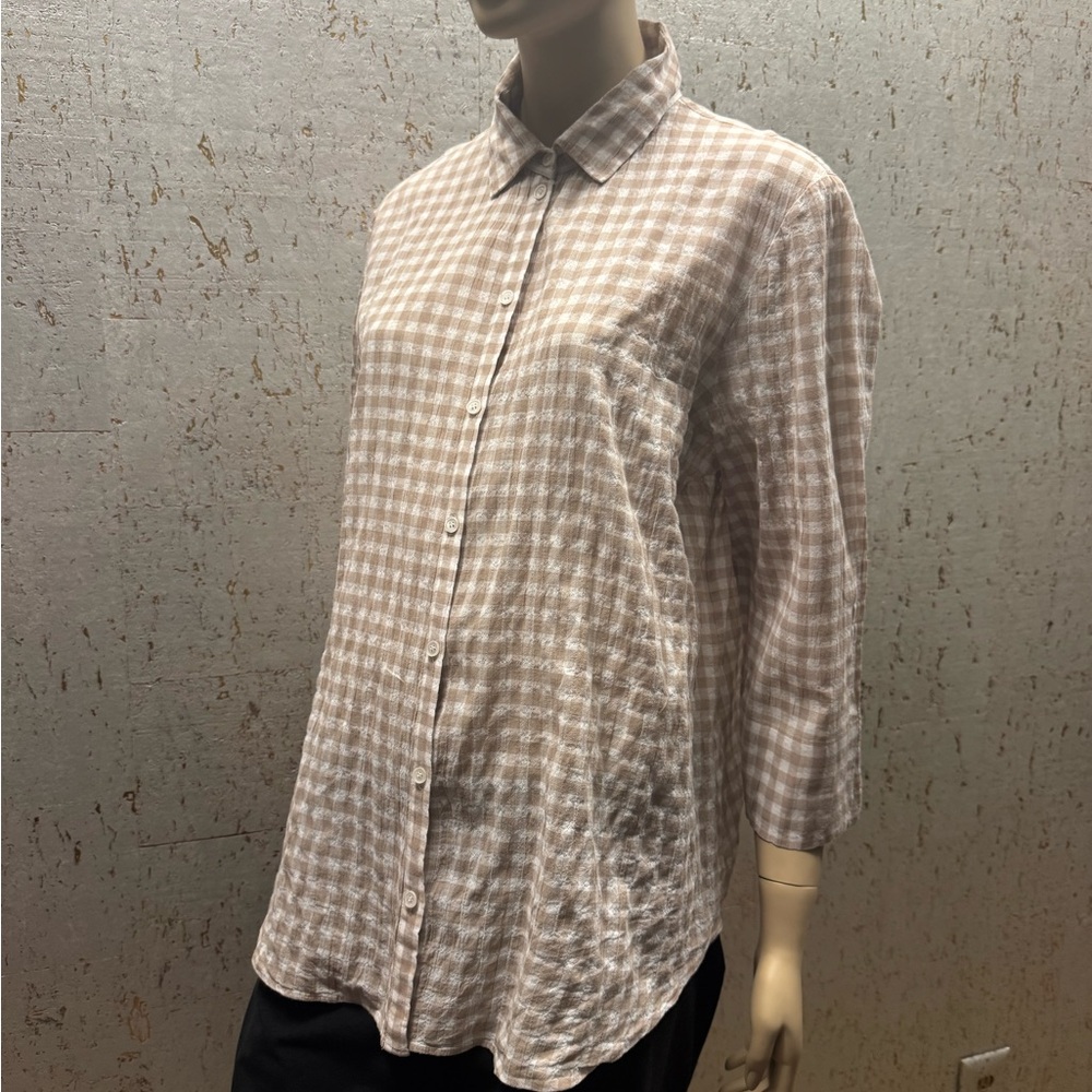 Women’s Lafayette 148 New York Tan/White Checkered Casual Button Down Shirt